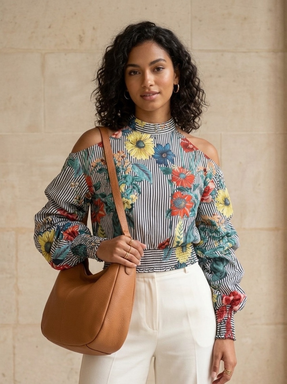 Gracia Black & White Striped Cold-Shoulder Blouse with Pink Floral Embroidery